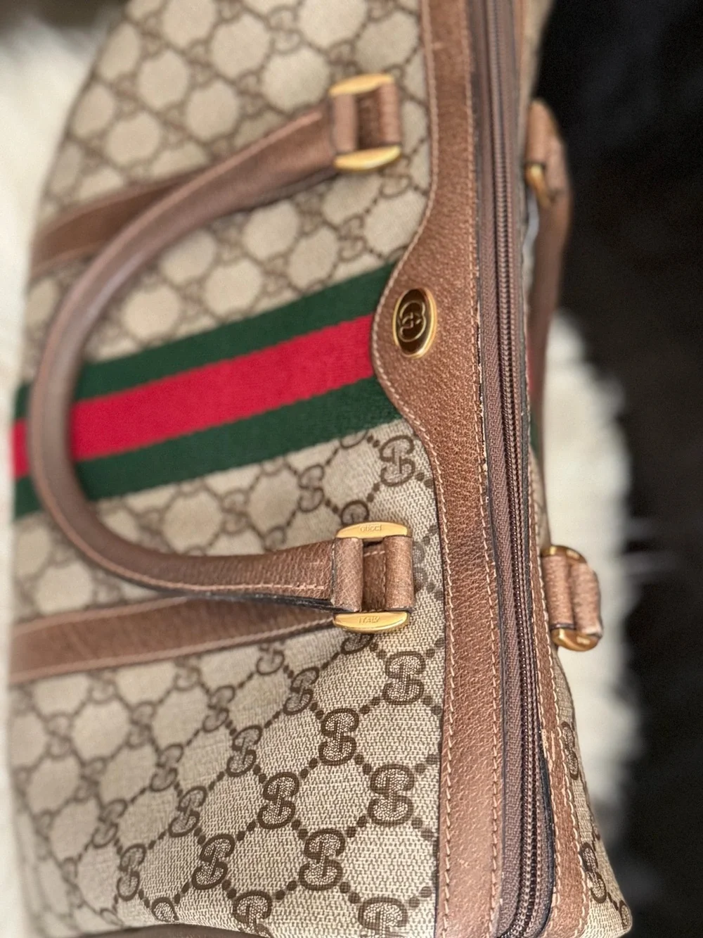Gucci Brown GG Canvas Tote with Green and Red Stripe
